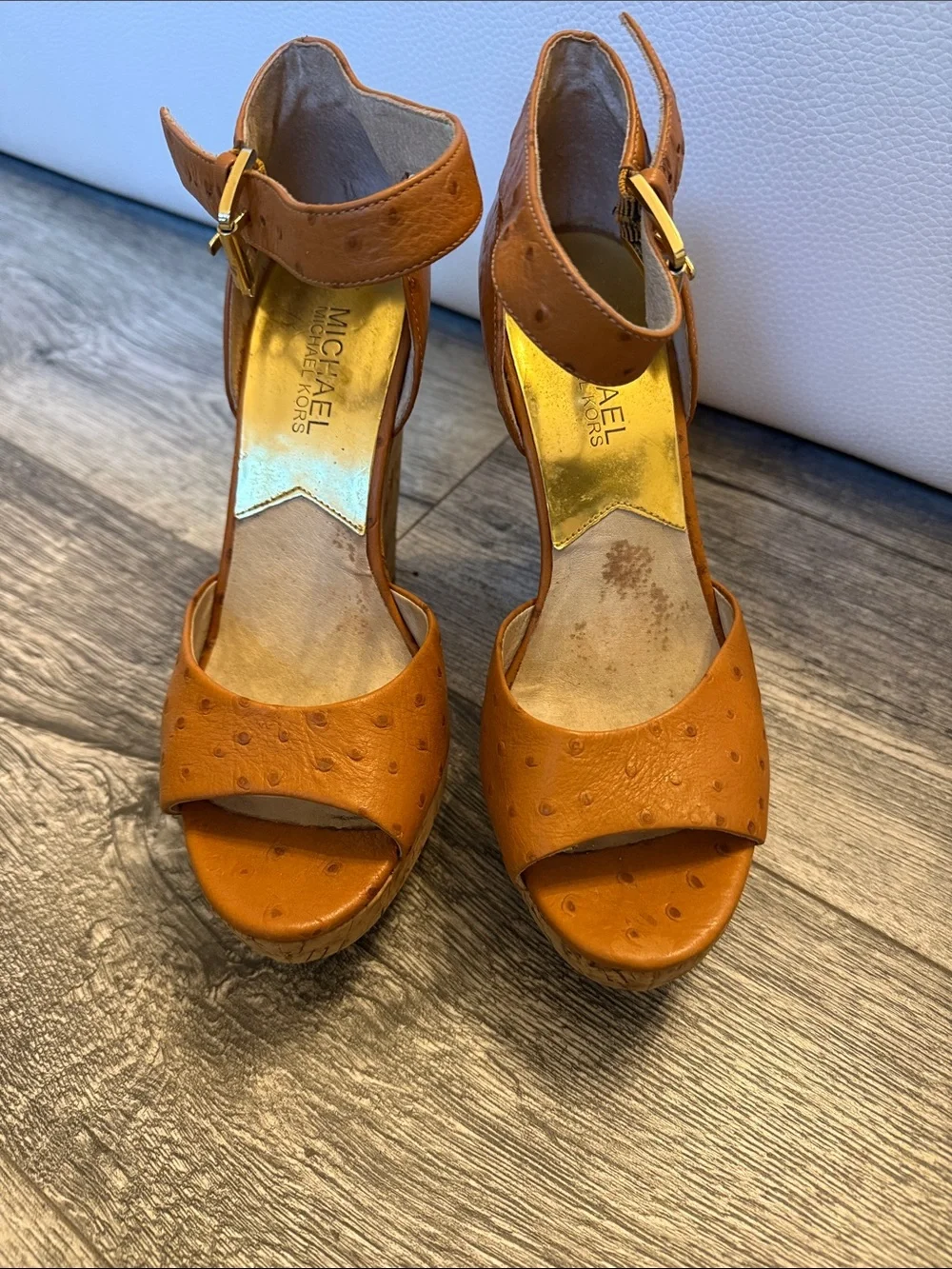 Michael Kors Tan Cork Wedge Sandals with Ankle Buckle